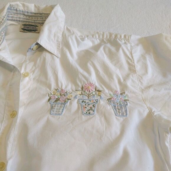 Vtg Flower Pot Shirt Womens Floral Embroidered Pastel Cottagecore Size Small - Picture 4 of 8